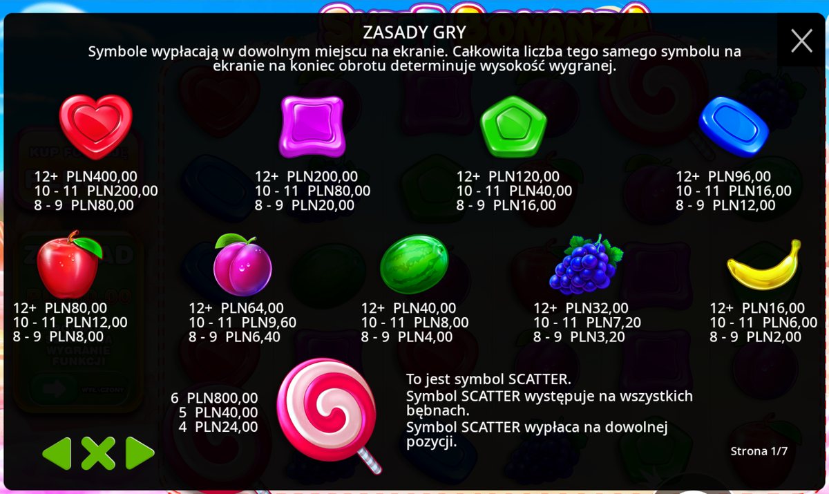 Tabela wypłat Sweet Bonanza na ekranie zasad w demo: wypłaty w złotych przy stawce 8 zł