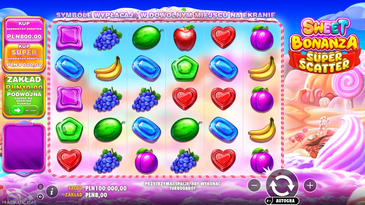Ekran gry Sweet Bonanza Super Scatter w demo po polsku: pole 6×5 i przyciski zakupu funkcji